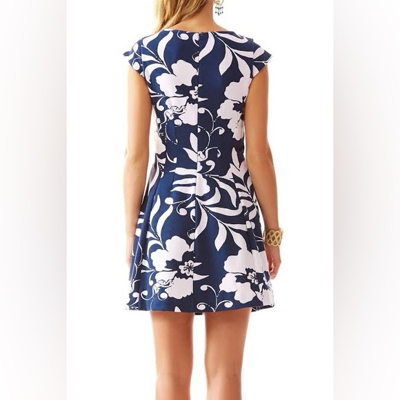 Lilly Pulitzer Briella Fit and Flare A line Floral Palm Beach dress Bright Navy - Picture 3 of 15